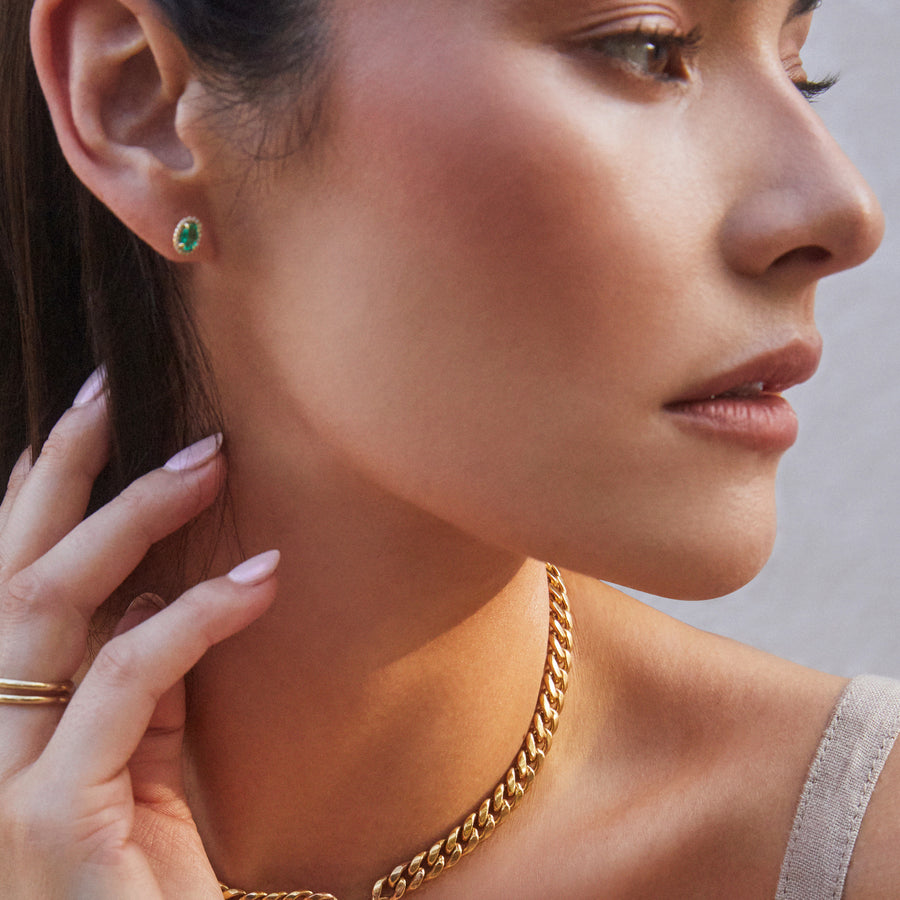 14k Oval Emerald Stud Earrings with Diamonds