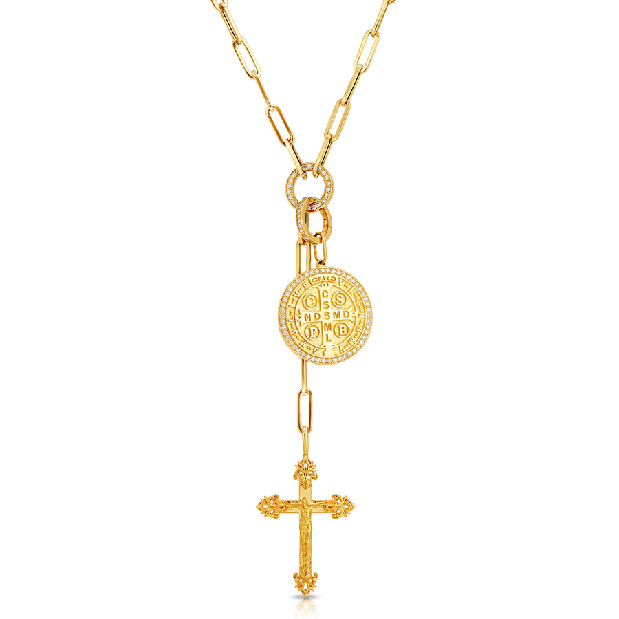 14k Saint Benedict and Holy Cross Drop Necklace Pendant