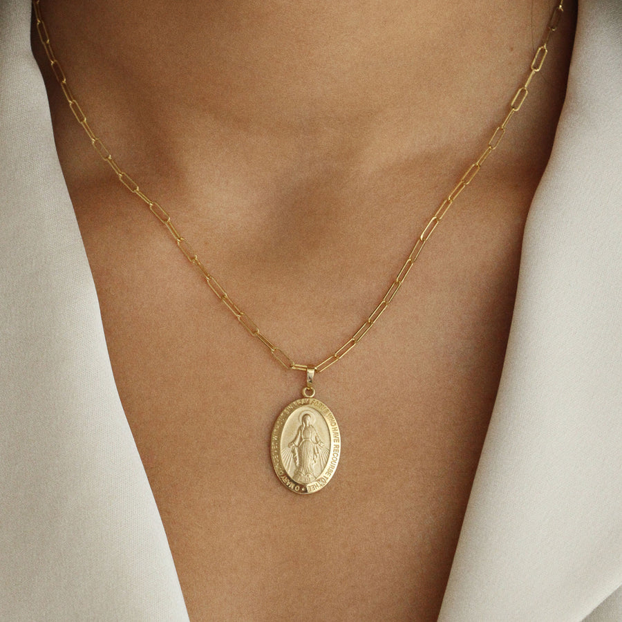 thumbnail image 2 of Gold Plated Oval Virgin Mary Charm Pendant Necklace – Multi-Chain, 16-24 Inches, Unisex 2 of 4