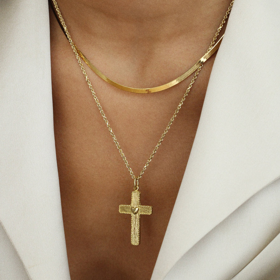 18k Carved Cross Pendant with Heart Center